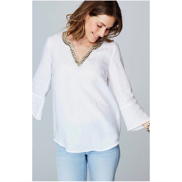 J. Jill Linen Beaded Split Neck Tunic - Picture 1 of 15